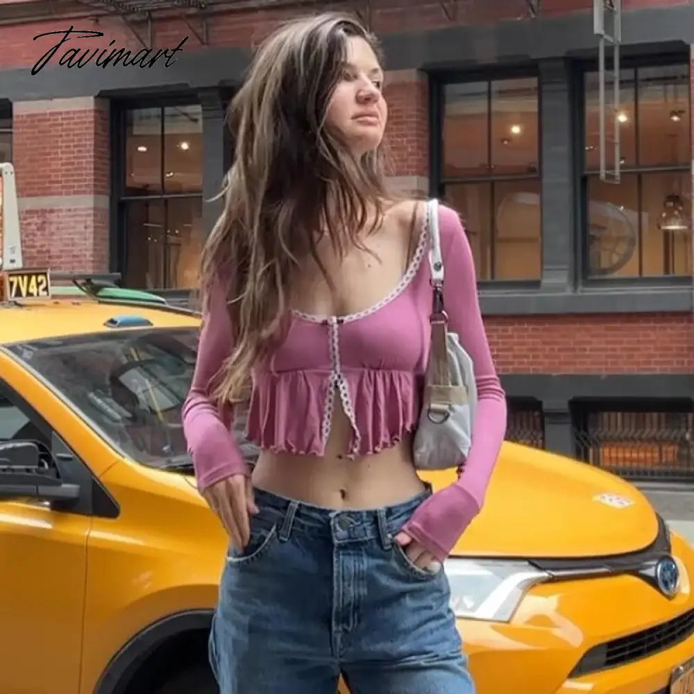 Lace Splice Slim Crop Tops Women Ruffles Low Bust Sexy Bodycon Shirts Hot Girls Autumn Street Sexy Short Clothes Femme