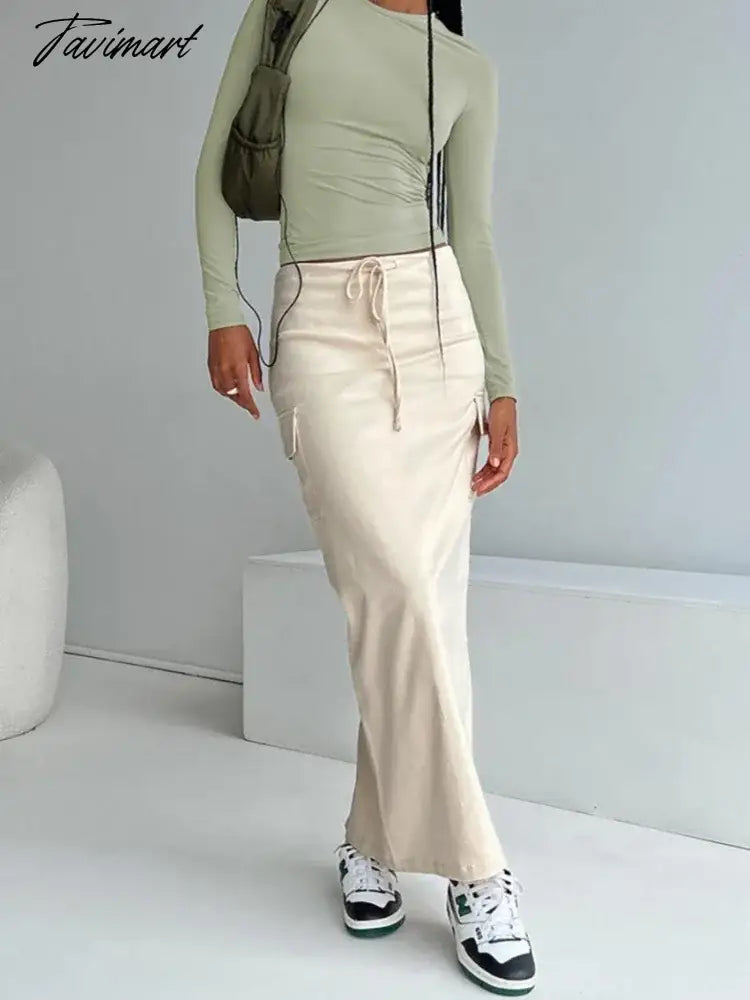 Lace- Up Apricot Long Skirt For Women Clothing Slim Split Falda Aesthetic Pockets Faldones Para Mujer High Waist Outfits Autumn