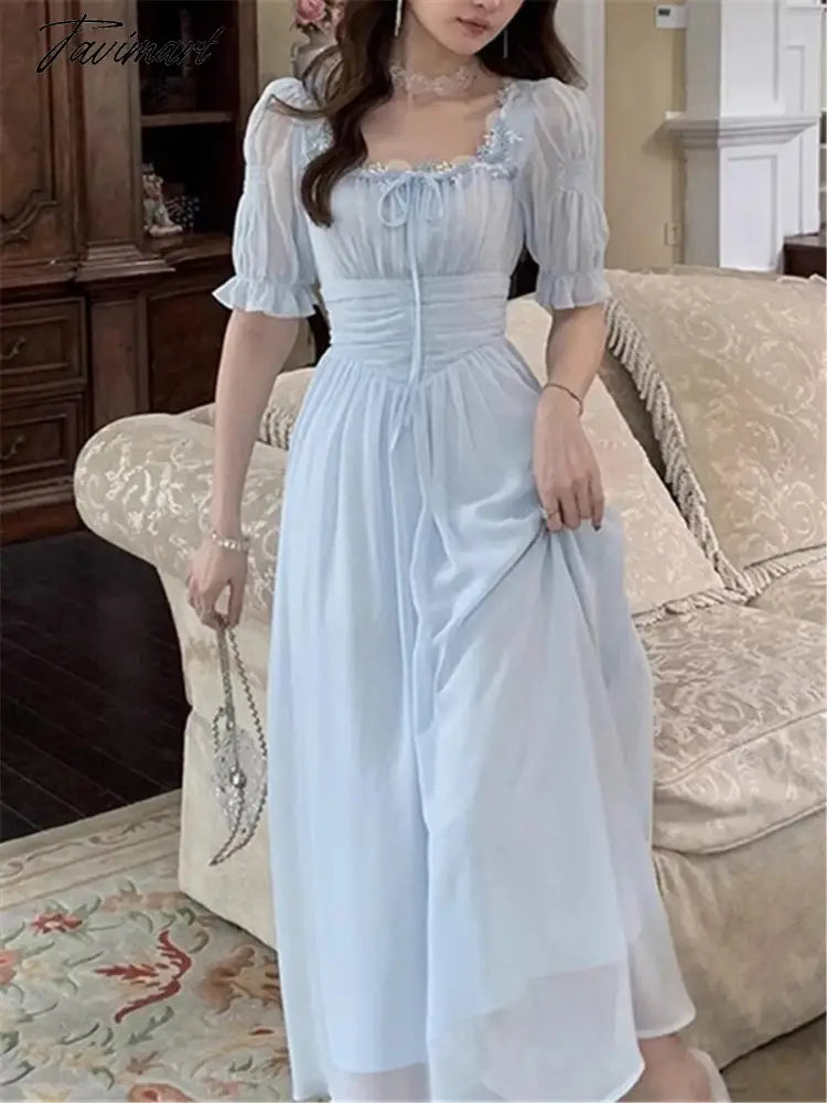 Lace Up Dress Women Summer New Fashion Elegant Vestidos Evening Party French Female Slim Casual Clothes Korean Dresses
