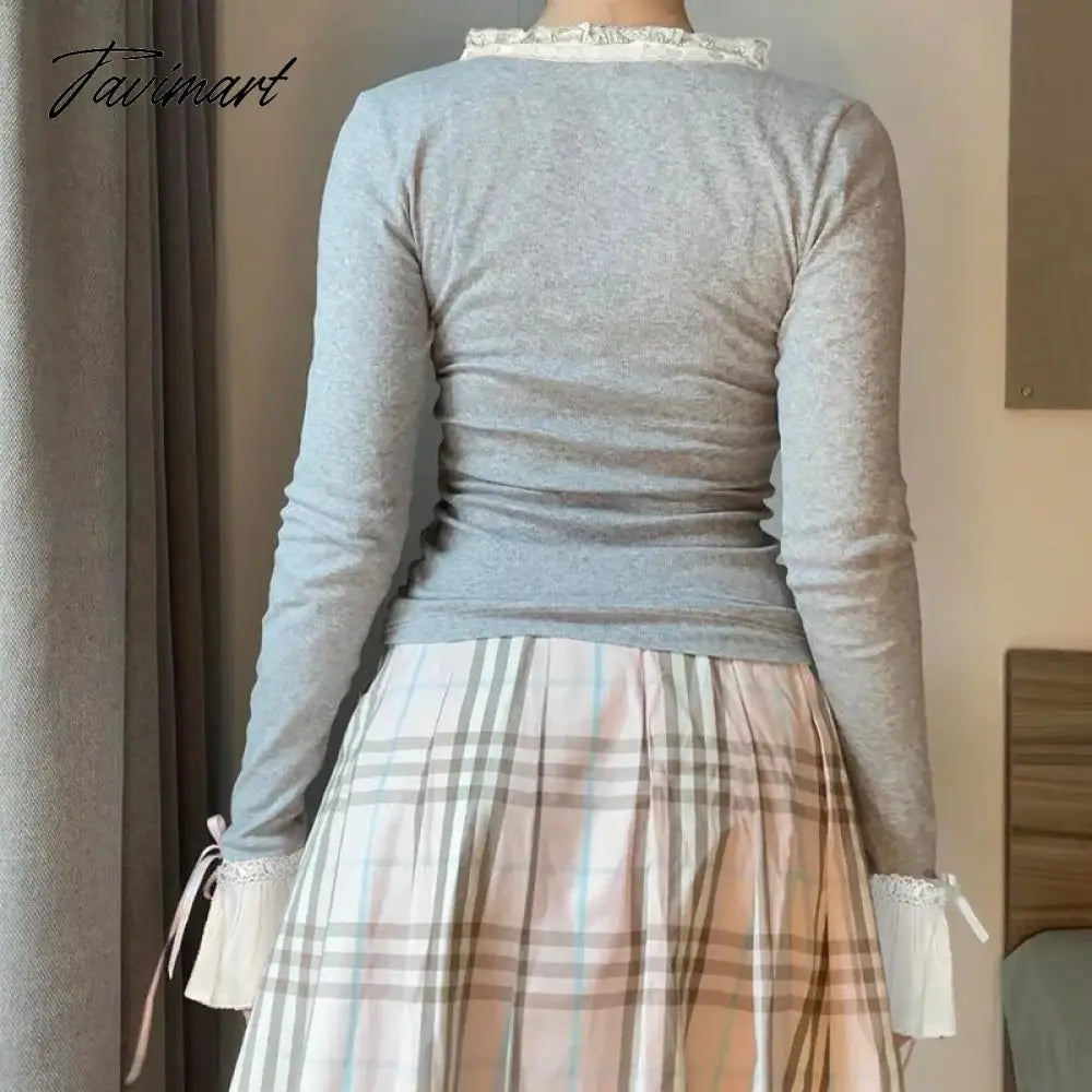 Lace V Neck Slim Shirts Women Fashion Bow Splice Flare Sleeve Tshirt Ladies Street Casual Tops Woman Clothing Autumn