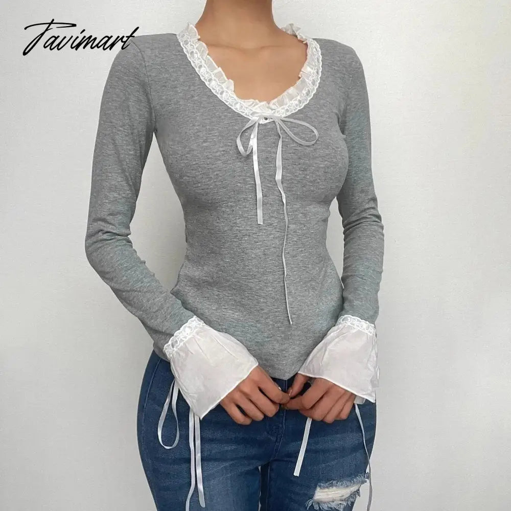 Lace V Neck Slim Shirts Women Fashion Bow Splice Flare Sleeve Tshirt Ladies Street Casual Tops Woman Clothing Autumn