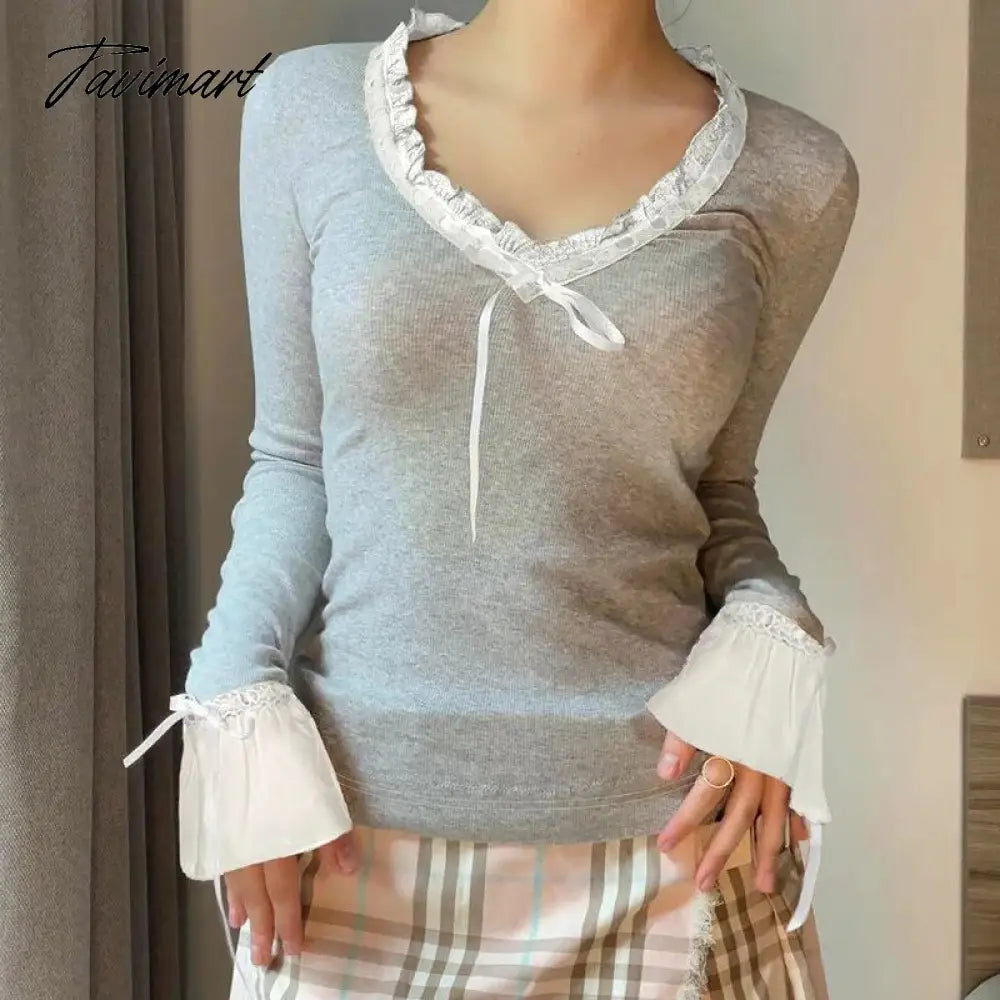 Lace V Neck Slim Shirts Women Fashion Bow Splice Flare Sleeve Tshirt Ladies Street Casual Tops Woman Clothing Autumn
