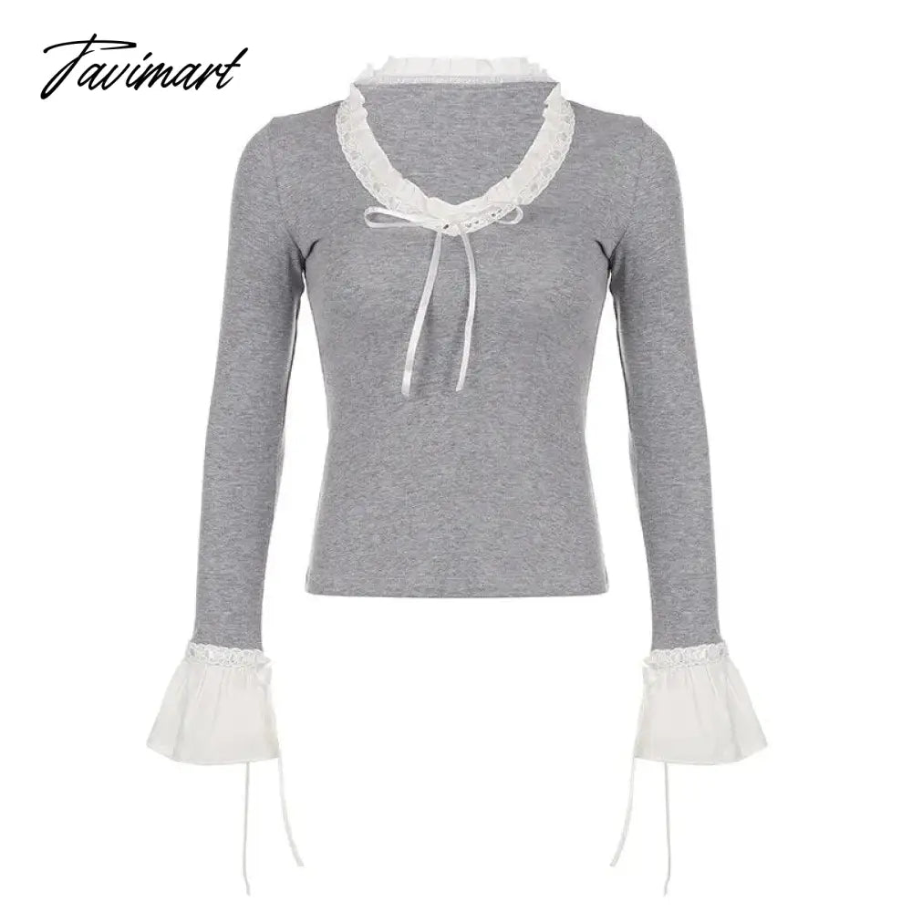 Lace V Neck Slim Shirts Women Fashion Bow Splice Flare Sleeve Tshirt Ladies Street Casual Tops Woman Clothing Autumn