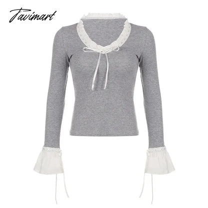 Lace V Neck Slim Shirts Women Fashion Bow Splice Flare Sleeve Tshirt Ladies Street Casual Tops Woman Clothing Autumn