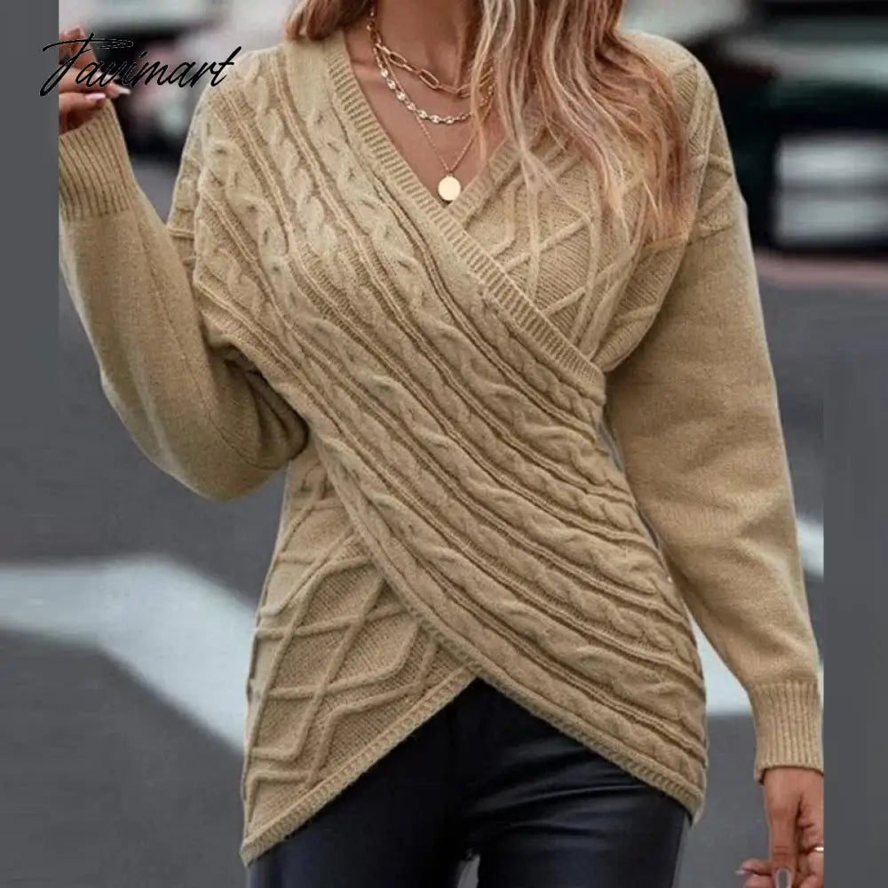 Ladies Casual Elegant V-Neck Commute Wear Jumpers Women Slim Knitted Sweaters Pullovers Autumn Winter Vintage Chic Cross Sweater
