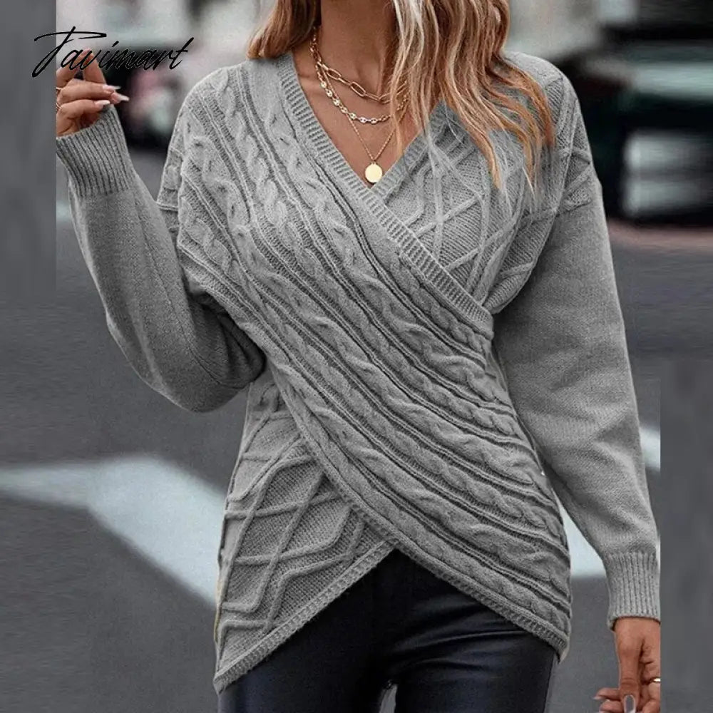 Ladies Casual Elegant V-Neck Commute Wear Jumpers Women Slim Knitted Sweaters Pullovers Autumn Winter Vintage Chic Cross Sweater