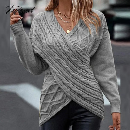 Ladies Casual Elegant V-Neck Commute Wear Jumpers Women Slim Knitted Sweaters Pullovers Autumn Winter Vintage Chic Cross Sweater