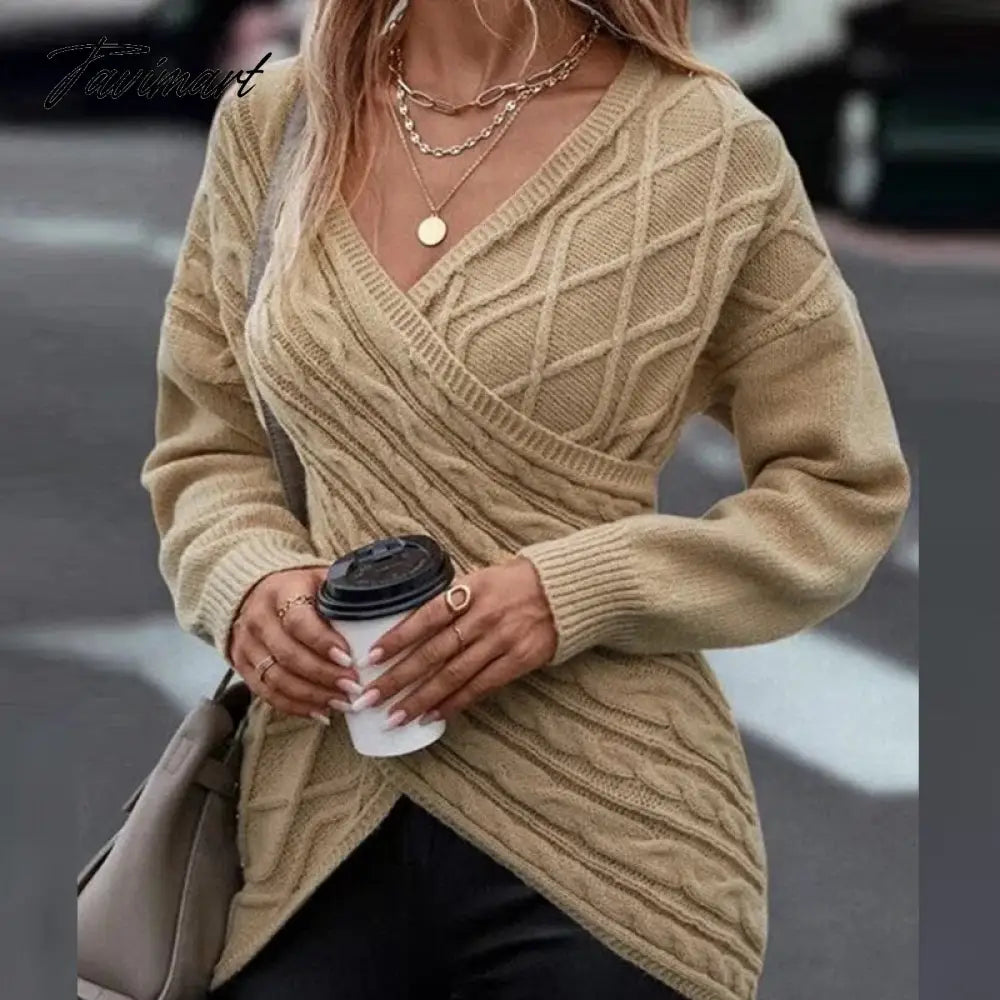 Ladies Casual Elegant V-Neck Commute Wear Jumpers Women Slim Knitted Sweaters Pullovers Autumn Winter Vintage Chic Cross Sweater