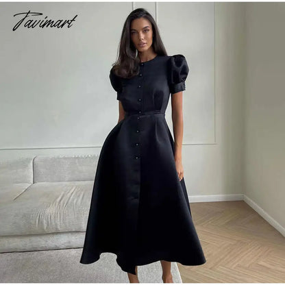 Lantern Short Sleeve Women Dress Elegant Slim Single Breasted Large Swing Long Female A-line Dresses Fashion Summer Vestido