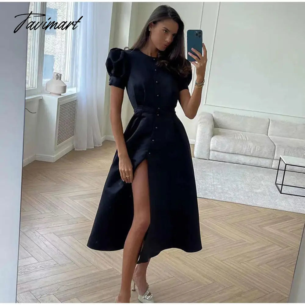 Lantern Short Sleeve Women Dress Elegant Slim Single Breasted Large Swing Long Female A-line Dresses Fashion Summer Vestido