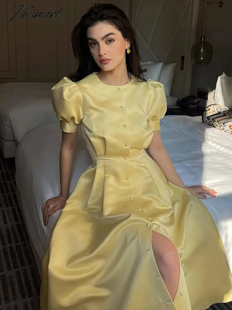 Lantern Short Sleeve Women Dress Elegant Slim Single Breasted Large Swing Long Female A-line Dresses Fashion Summer Vestido