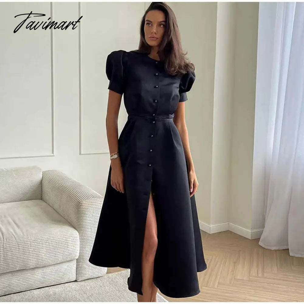 Lantern Short Sleeve Women Dress Elegant Slim Single Breasted Large Swing Long Female A-line Dresses Fashion Summer Vestido