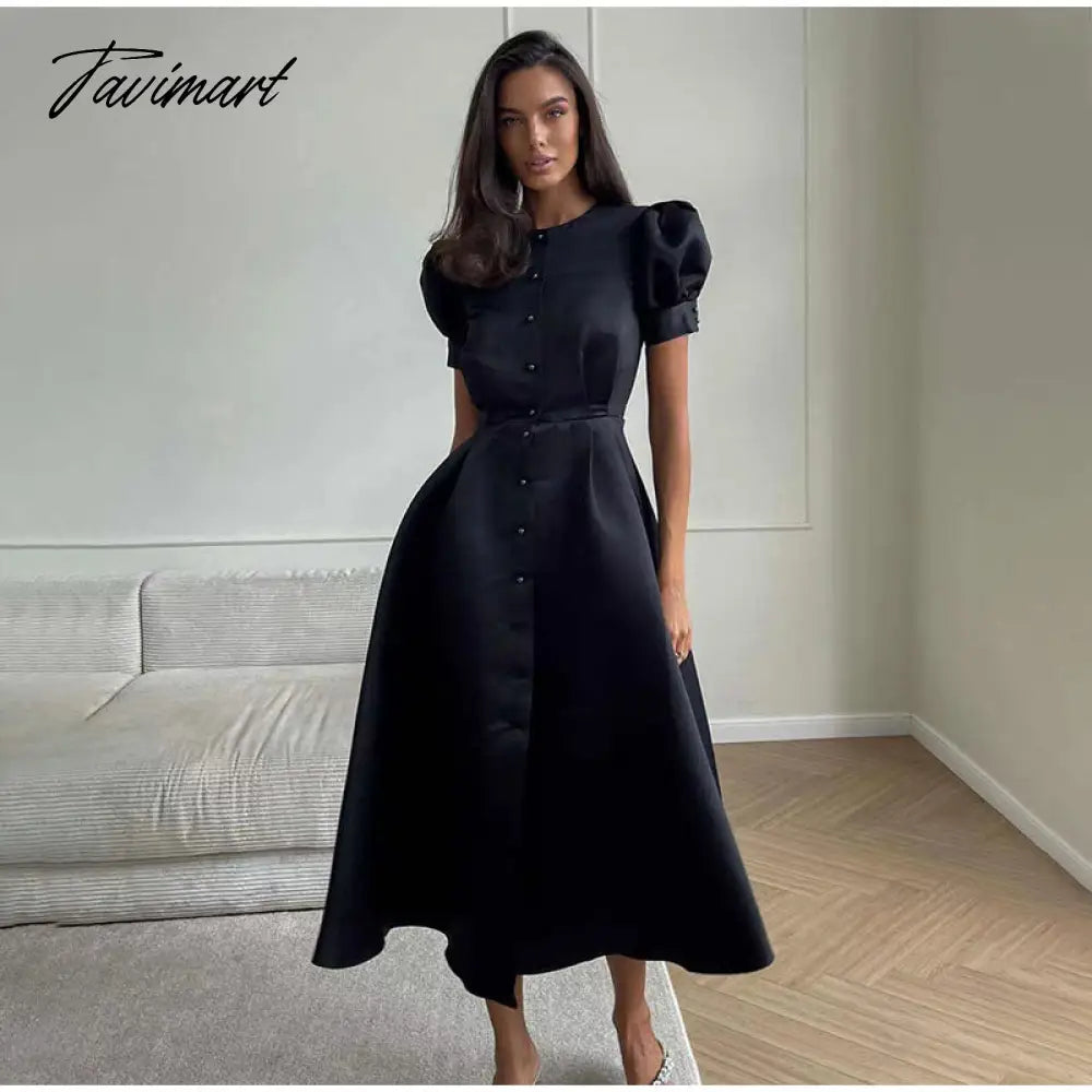 Lantern Short Sleeve Women Dress Elegant Slim Single Breasted Large Swing Long Female A-line Dresses Fashion Summer Vestido