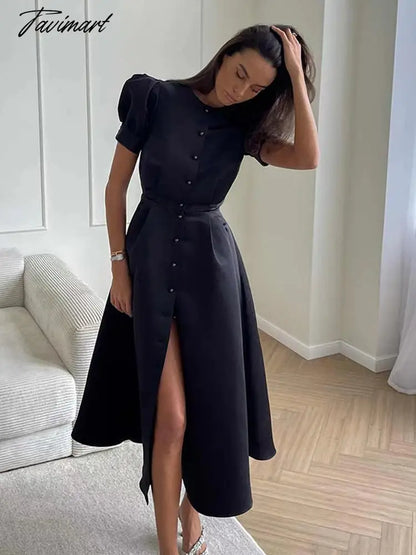 Lantern Short Sleeve Women Dress Elegant Slim Single Breasted Large Swing Long Female A-line Dresses Fashion Summer Vestido