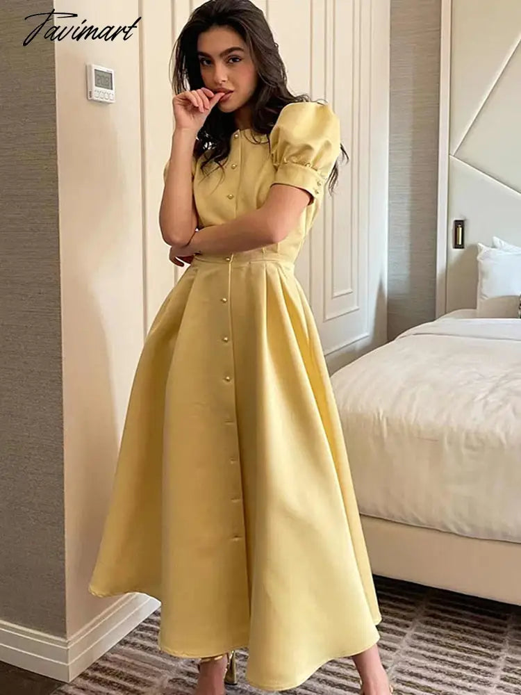 Lantern Short Sleeve Women Dress Elegant Slim Single Breasted Large Swing Long Female A-line Dresses Fashion Summer Vestido