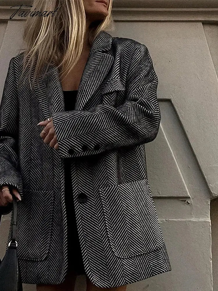 Lapel Striped Pocket Trench Coat Autumn Single Breasetd Thicken Overcoat Women's Long Sleeve Vintage Commuter Jackets