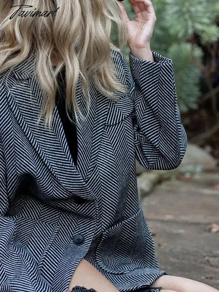Lapel Striped Pocket Trench Coat Autumn Single Breasetd Thicken Overcoat Women's Long Sleeve Vintage Commuter Jackets