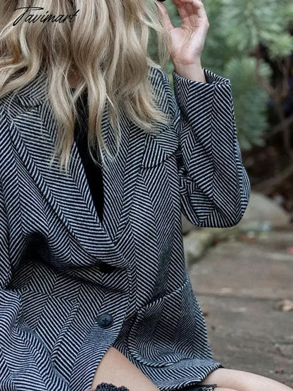 Lapel Striped Pocket Trench Coat Autumn Single Breasetd Thicken Overcoat Women's Long Sleeve Vintage Commuter Jackets