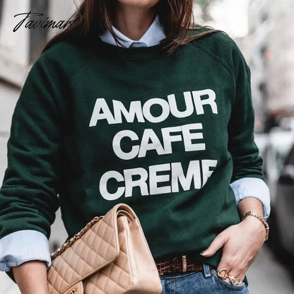 Letter Printed Sweatshirt Women Autumn Winter Long Sleeve Round Neck Elegant Pullover Pull Femme Fashion Hoodies Streetwear