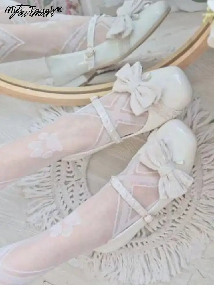 Lolita Kawaii Mary Janes Shoes Women Japanese Style Bow Designer Sweet Sandals Female Pure Color Pearl Elegant Shoes Autumn