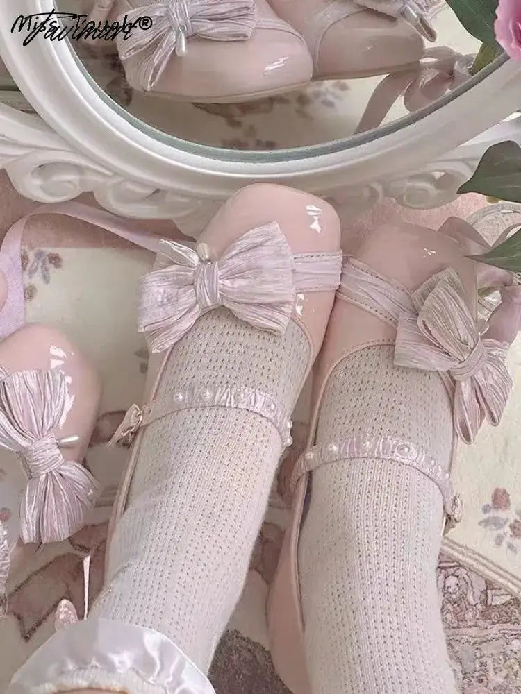 Lolita Kawaii Mary Janes Shoes Women Japanese Style Bow Designer Sweet Sandals Female Pure Color Pearl Elegant Shoes Autumn