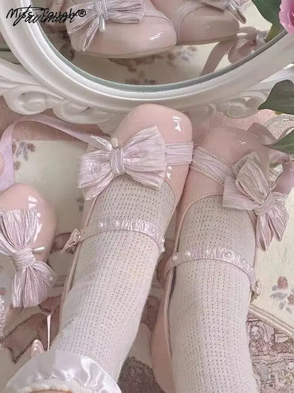 Lolita Kawaii Mary Janes Shoes Women Japanese Style Bow Designer Sweet Sandals Female Pure Color Pearl Elegant Shoes Autumn