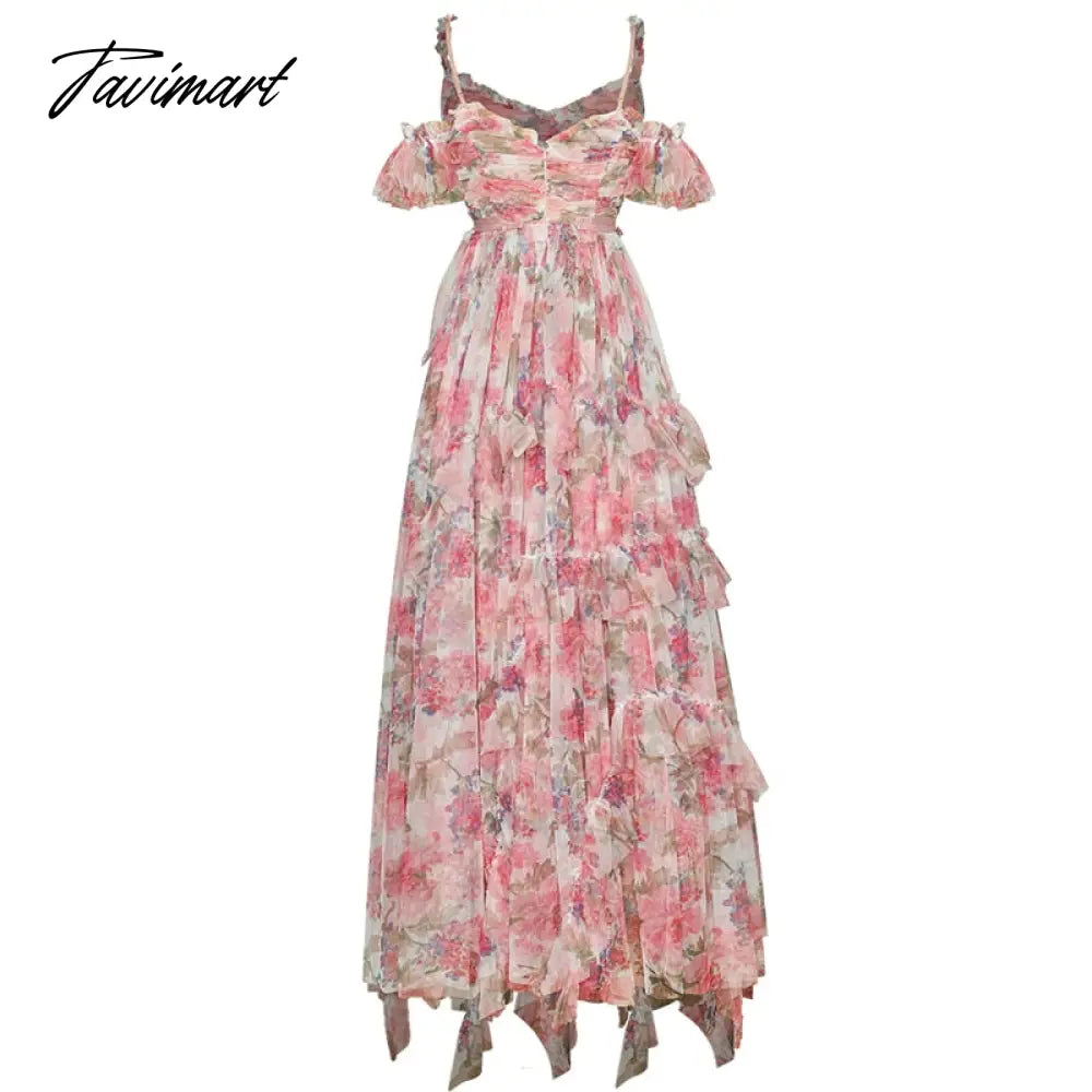 Long Dress Runway High Quality Summer New Women'S Bohemian Sexy Fashion Elegant Flowers Print Off Shoulder Party Mesh Dresses