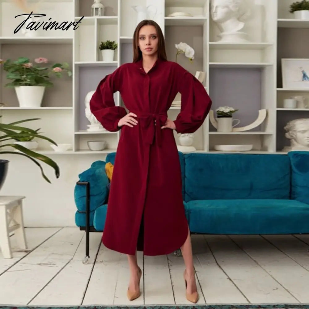 Long Shirt Dress For Women Lantern Sleeves Elegant Female Dresses Single Breasted Belt Office Lady Vestido Winter Dress