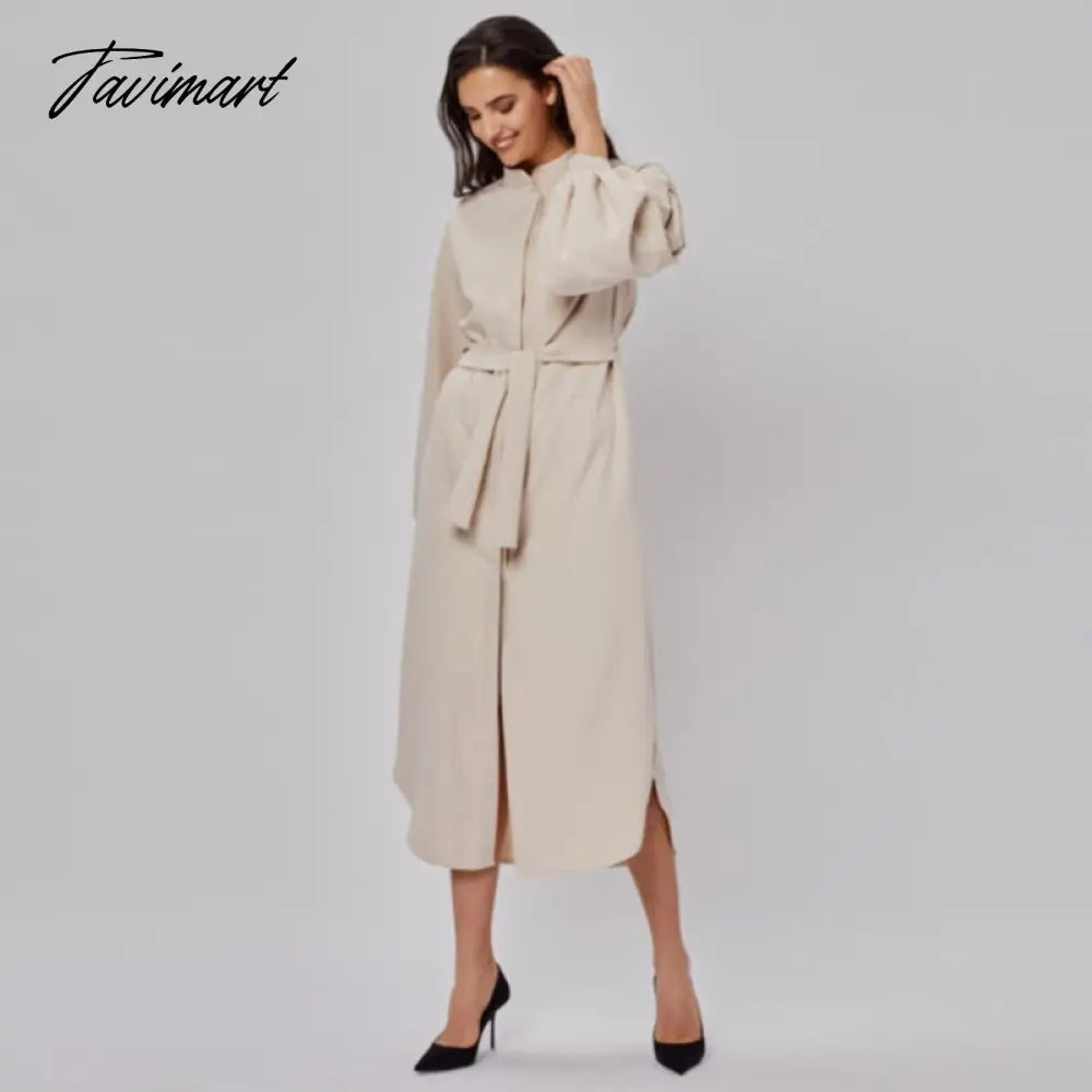 Long Shirt Dress For Women Lantern Sleeves Elegant Female Dresses Single Breasted Belt Office Lady Vestido Winter Dress