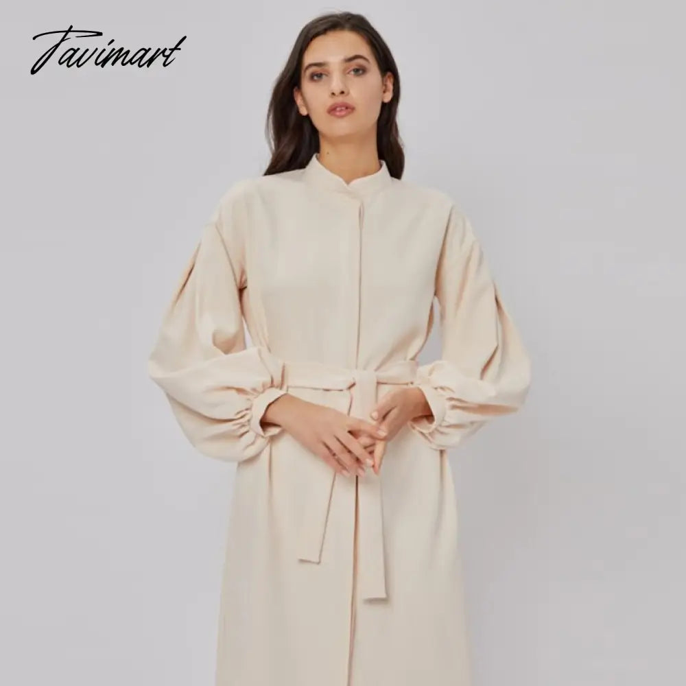 Long Shirt Dress For Women Lantern Sleeves Elegant Female Dresses Single Breasted Belt Office Lady Vestido Winter Dress