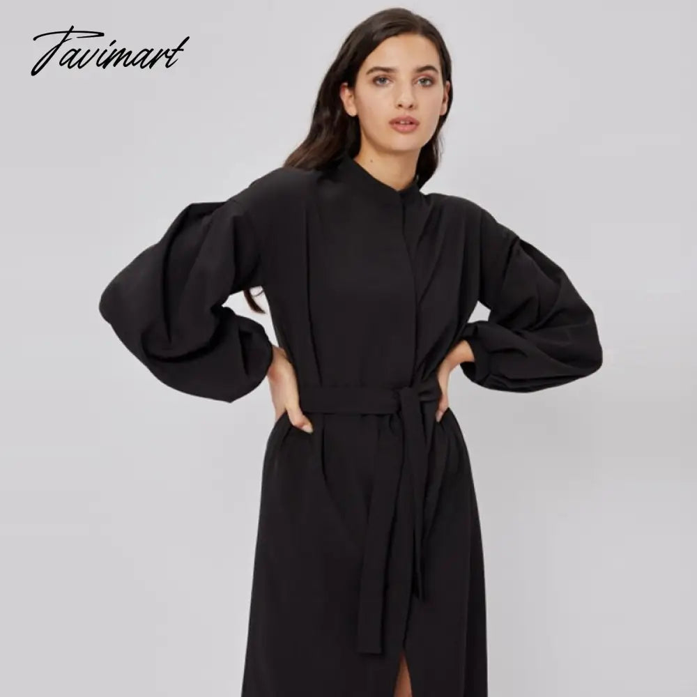 Long Shirt Dress For Women Lantern Sleeves Elegant Female Dresses Single Breasted Belt Office Lady Vestido Winter Dress