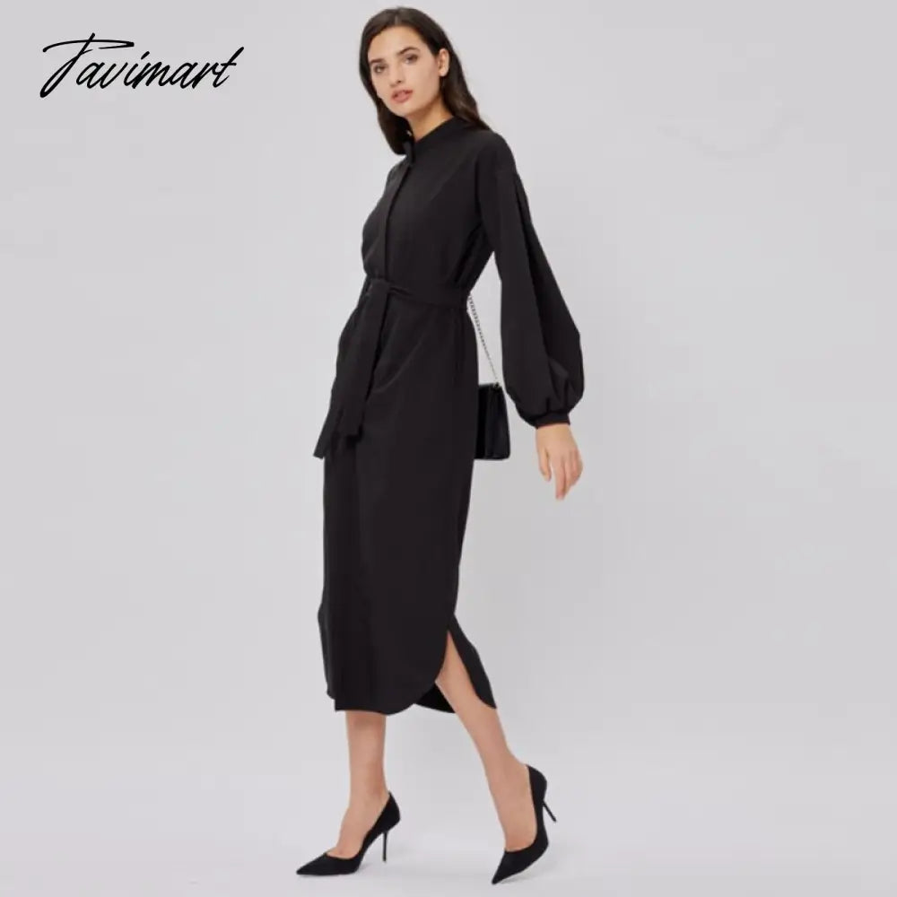 Long Shirt Dress For Women Lantern Sleeves Elegant Female Dresses Single Breasted Belt Office Lady Vestido Winter Dress