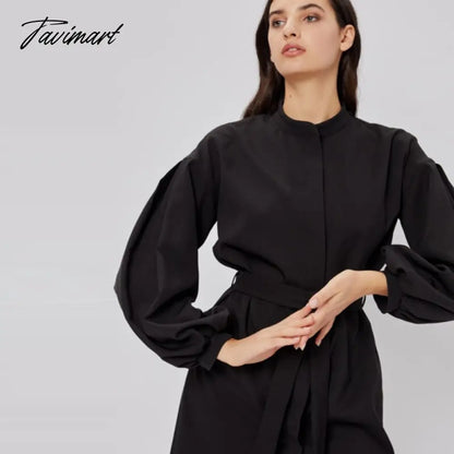 Long Shirt Dress For Women Lantern Sleeves Elegant Female Dresses Single Breasted Belt Office Lady Vestido Winter Dress