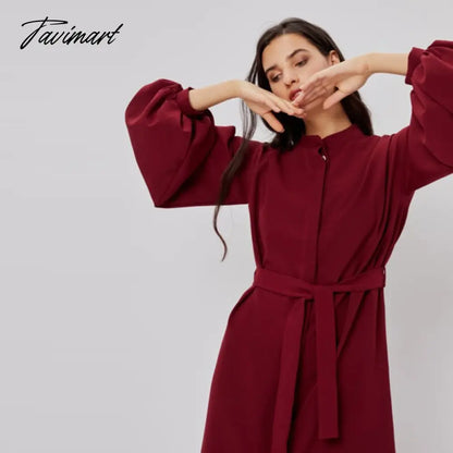 Long Shirt Dress For Women Lantern Sleeves Elegant Female Dresses Single Breasted Belt Office Lady Vestido Winter Dress