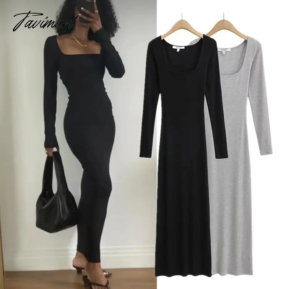 Long Sleeve Sexy Sheath Maxi Dress Women Ins Fashion Blogger Retro Square Collar Knitted Dress