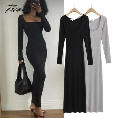 Long Sleeve Sexy Sheath Maxi Dress Women Ins Fashion Blogger Retro Square Collar Knitted Dress