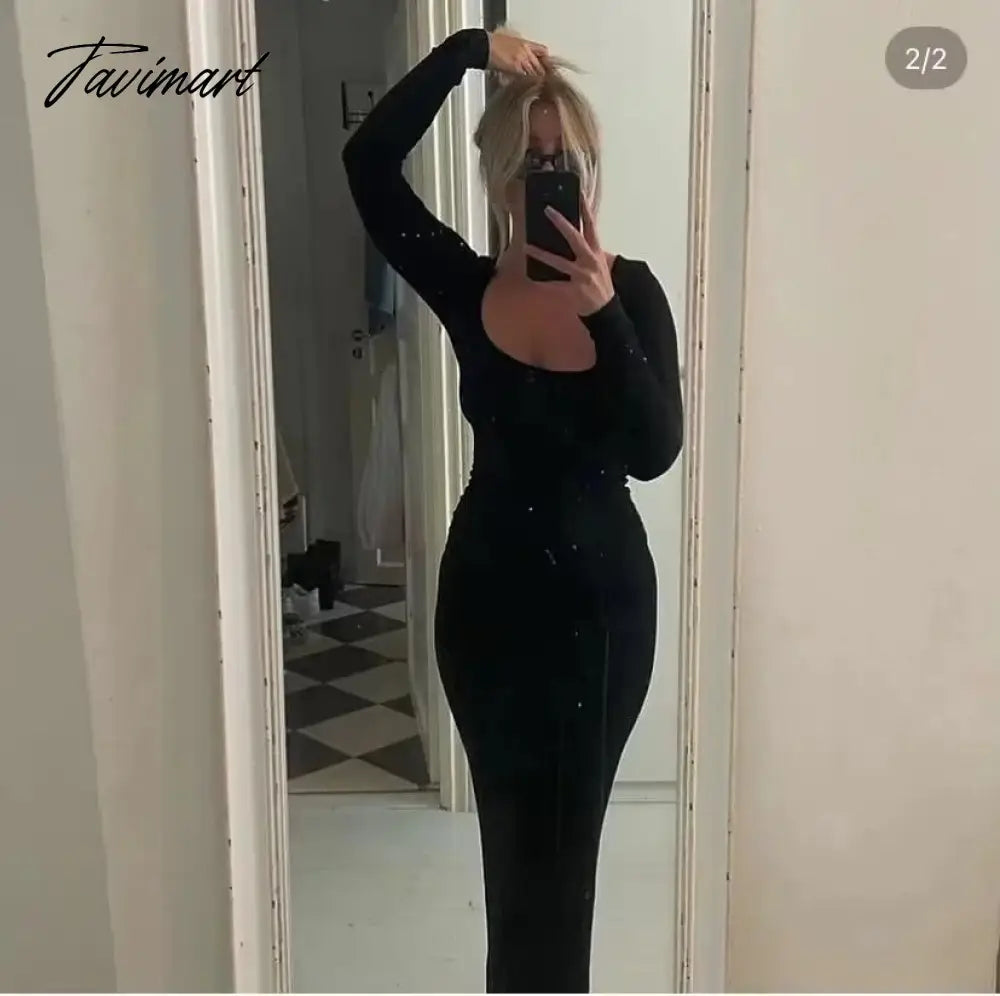 Long Sleeve Sexy Sheath Maxi Dress Women Ins Fashion Blogger Retro Square Collar Knitted Dress
