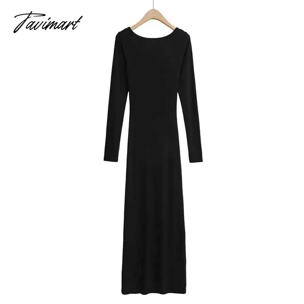 Long Sleeve Sexy Sheath Maxi Dress Women Ins Fashion Blogger Retro Square Collar Knitted Dress