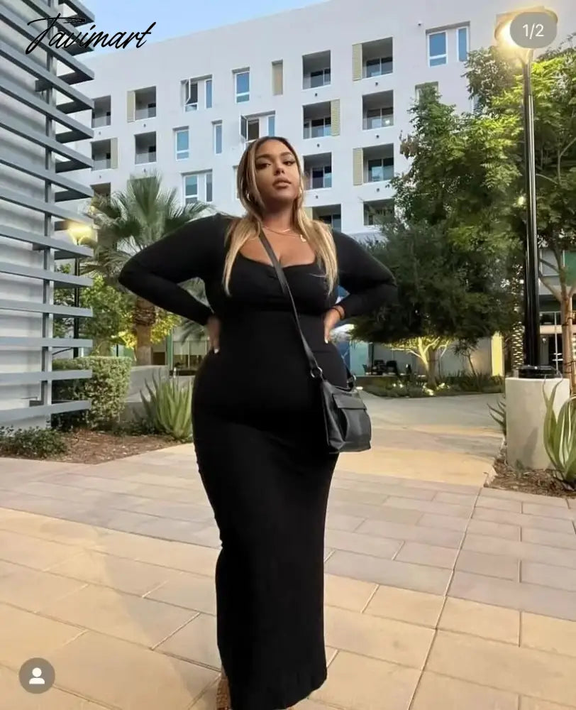 Long Sleeve Sexy Sheath Maxi Dress Women Ins Fashion Blogger Retro Square Collar Knitted Dress