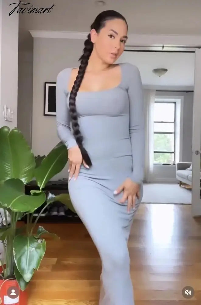 Long Sleeve Sexy Sheath Maxi Dress Women Ins Fashion Blogger Retro Square Collar Knitted Dress