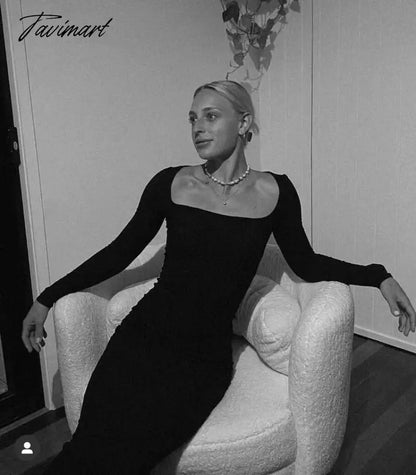 Long Sleeve Sexy Sheath Maxi Dress Women Ins Fashion Blogger Retro Square Collar Knitted Dress