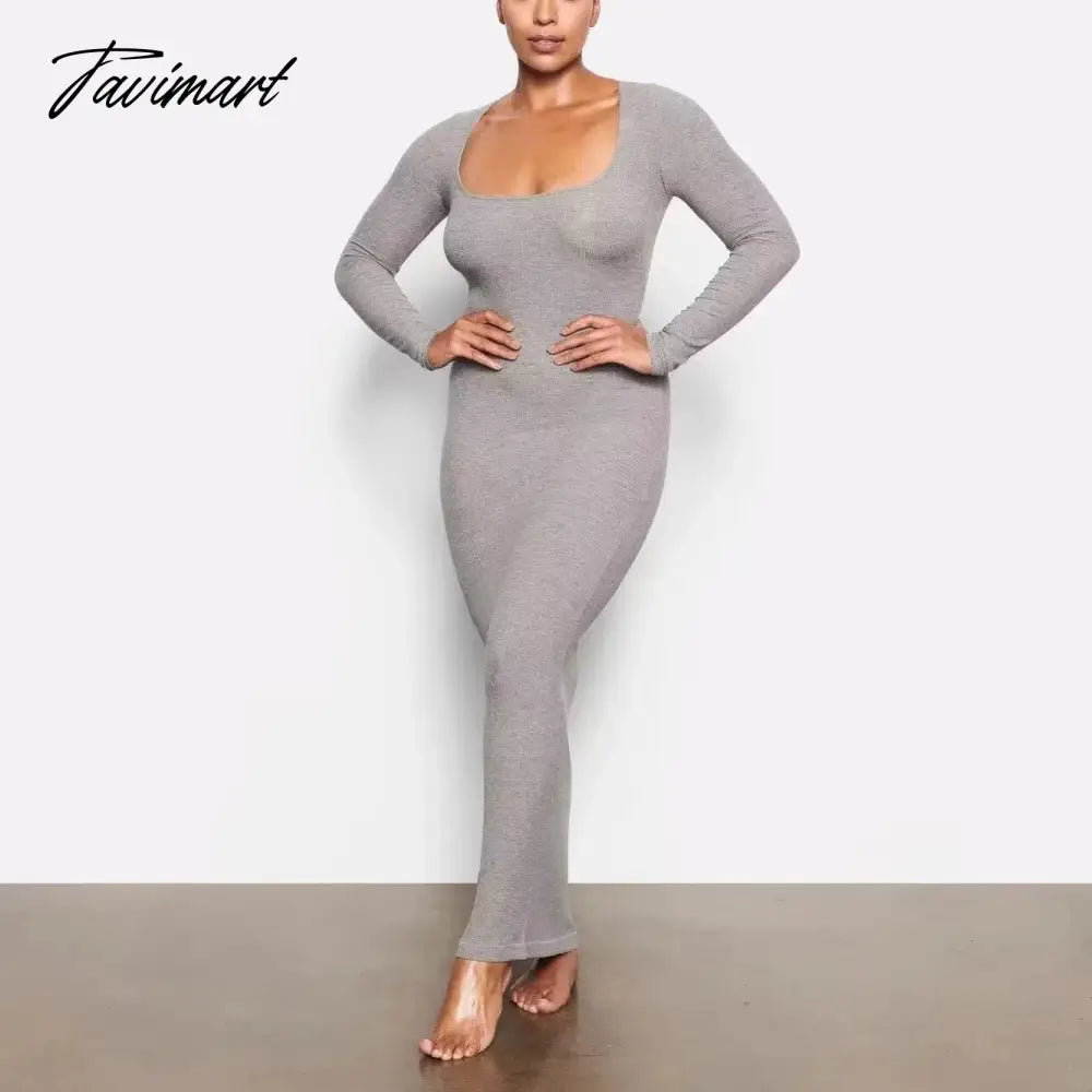 Long Sleeve Sexy Sheath Maxi Dress Women Ins Fashion Blogger Retro Square Collar Knitted Dress