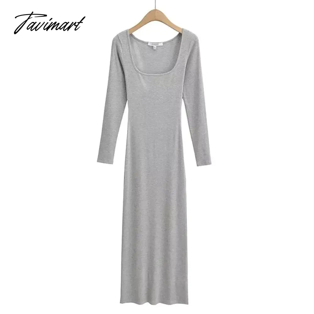 Long Sleeve Sexy Sheath Maxi Dress Women Ins Fashion Blogger Retro Square Collar Knitted Dress