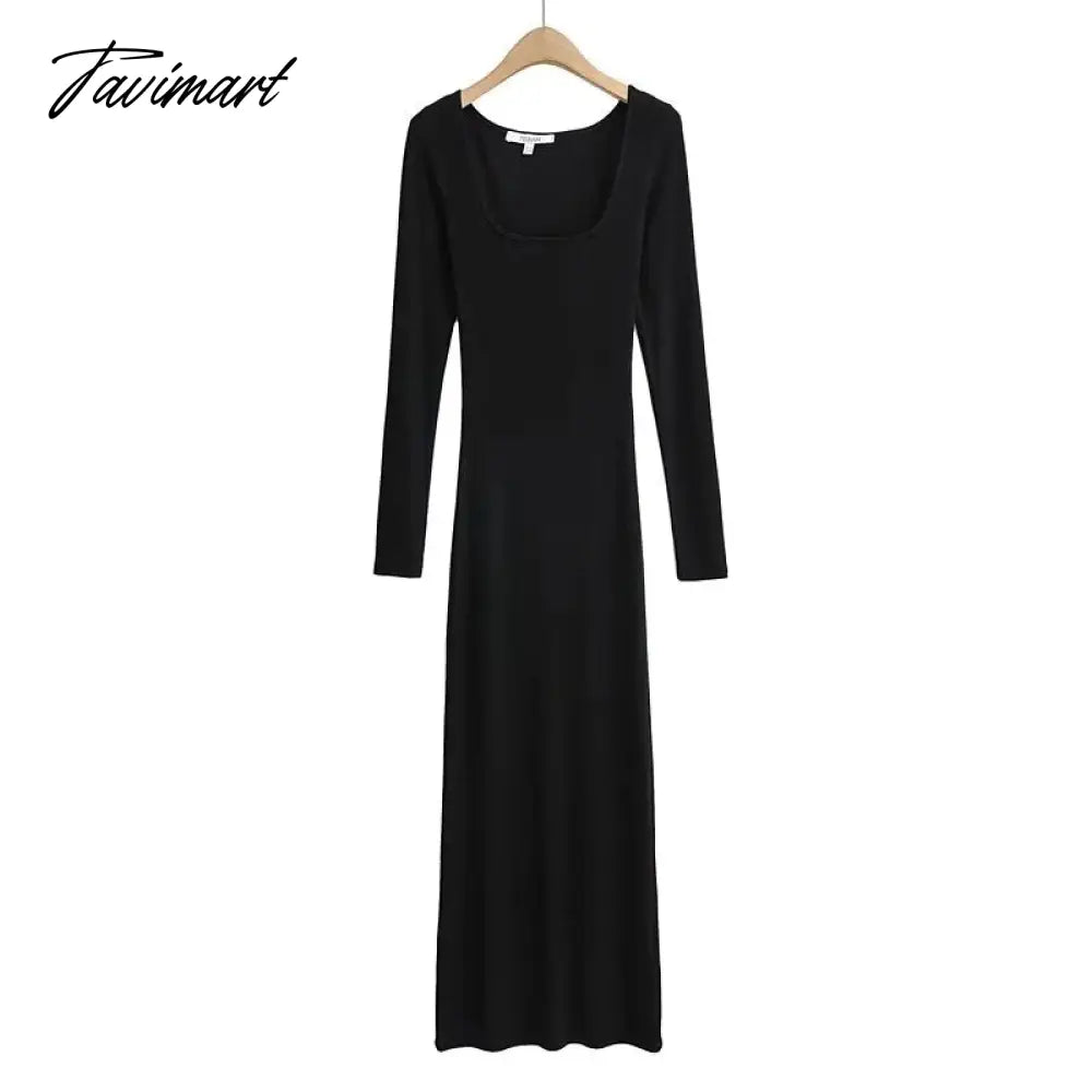Long Sleeve Sexy Sheath Maxi Dress Women Ins Fashion Blogger Retro Square Collar Knitted Dress