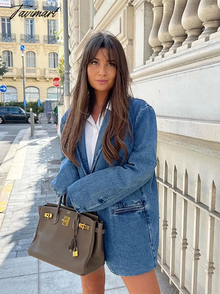 Loose Lapel Denim Jacket Women Casual V-Neck Washed Worn Medium Length Coat New Autumn Office Lady Pocket Outerwear