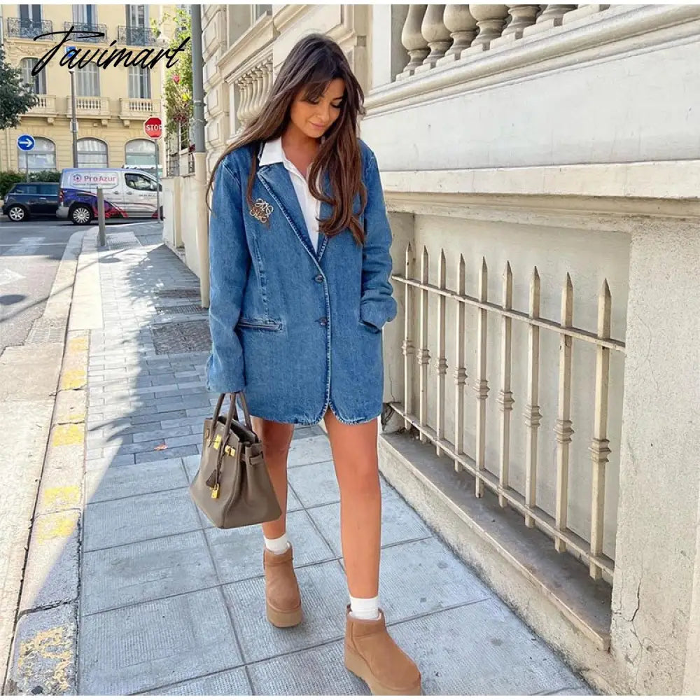 Loose Lapel Denim Jacket Women Casual V-Neck Washed Worn Medium Length Coat New Autumn Office Lady Pocket Outerwear