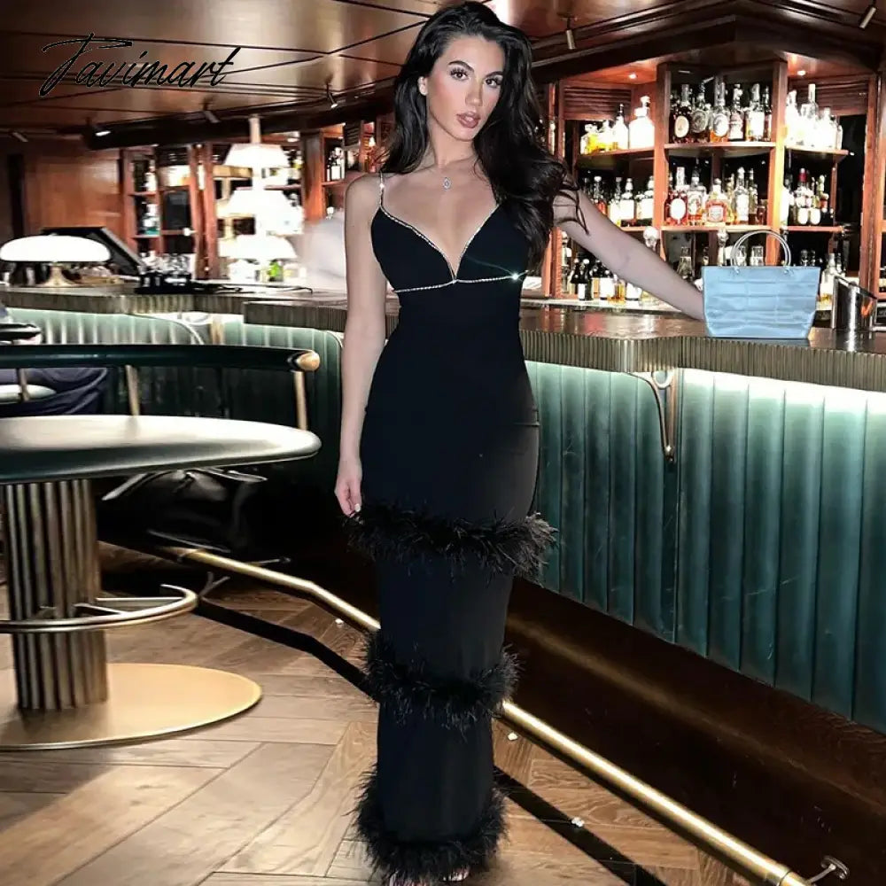 Luxury Prom Dresses Diamond Feather Spaghetti Strap Stitching Long Dresses Elegant Evening Bodycon Party Cocktail Celebrity Clo