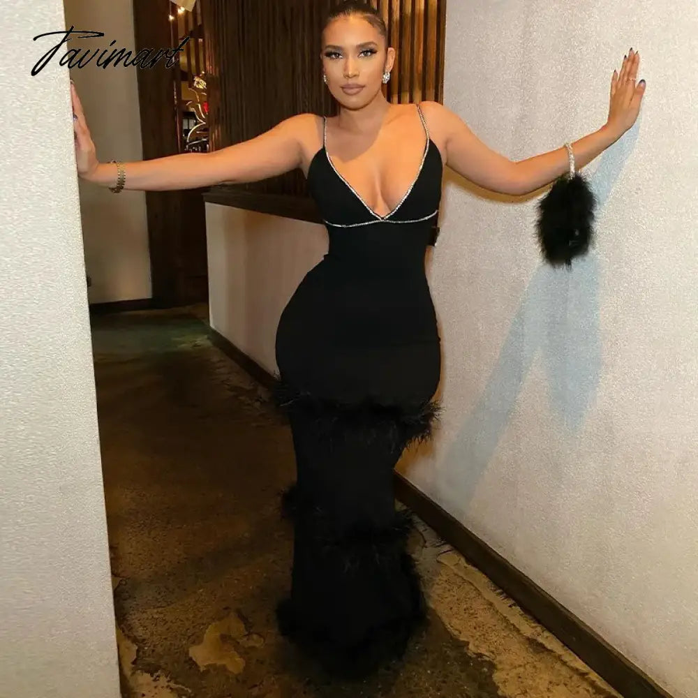 Luxury Prom Dresses Diamond Feather Spaghetti Strap Stitching Long Dresses Elegant Evening Bodycon Party Cocktail Celebrity Clo