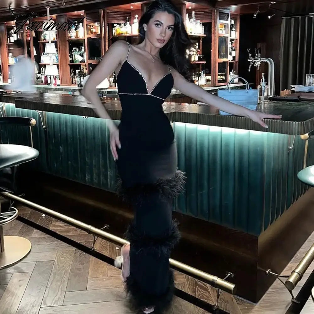 Luxury Prom Dresses Diamond Feather Spaghetti Strap Stitching Long Dresses Elegant Evening Bodycon Party Cocktail Celebrity Clo