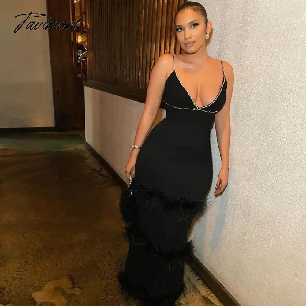 Luxury Prom Dresses Diamond Feather Spaghetti Strap Stitching Long Dresses Elegant Evening Bodycon Party Cocktail Celebrity Clo